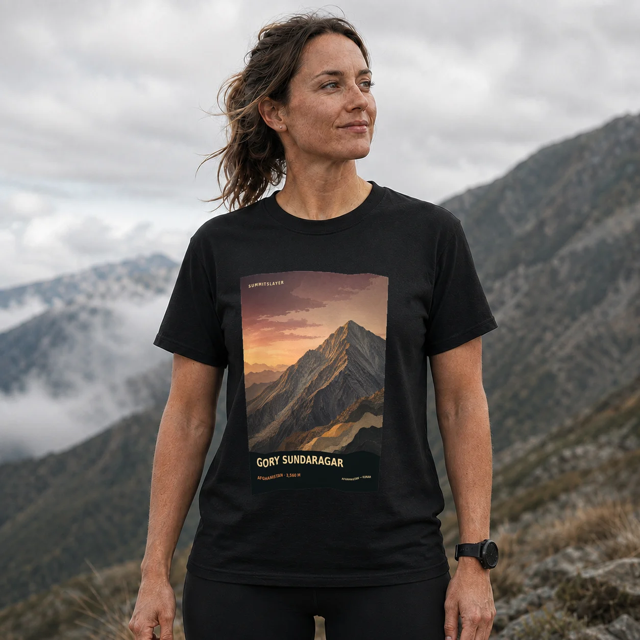Black Gory Sundaragar T-shirt front with mountain artwork