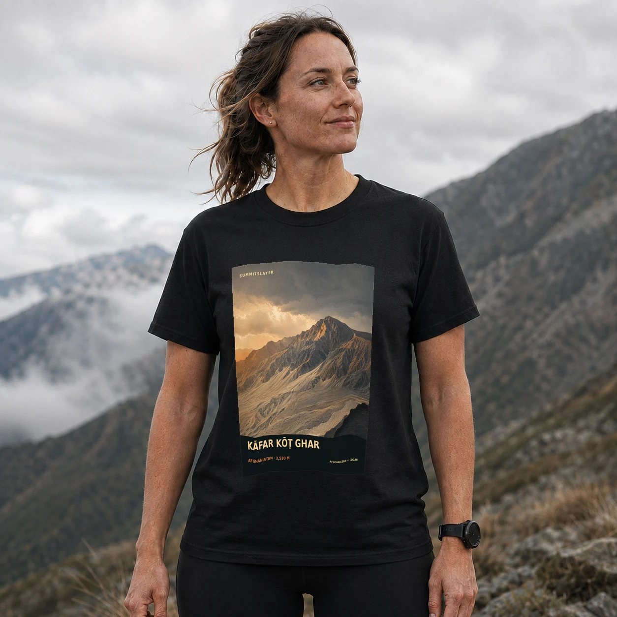 Black Kāfar Kōṯ Ghar T-shirt front with mountain artwork