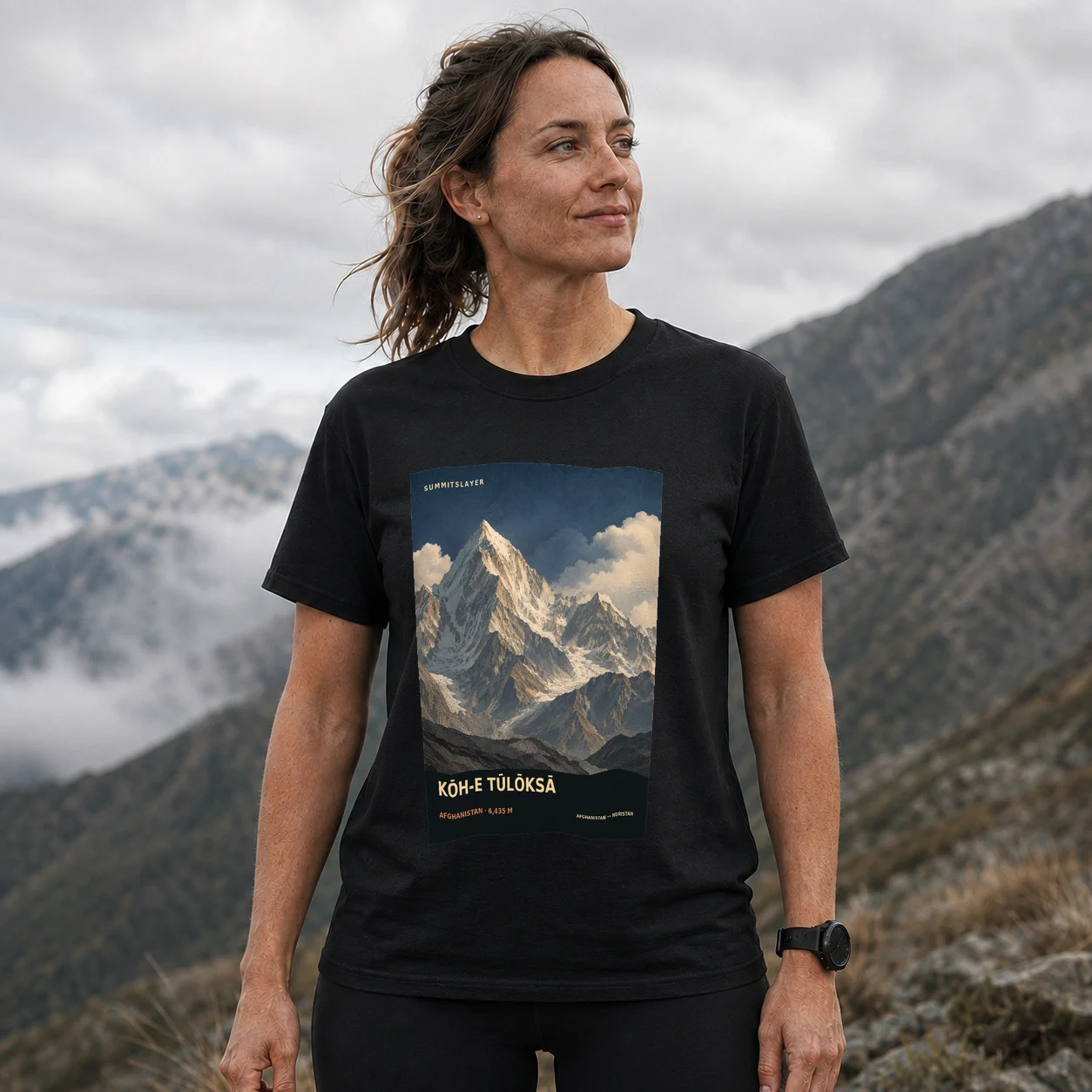 Black Kōh-e Tūlōksā T-shirt front with mountain artwork
