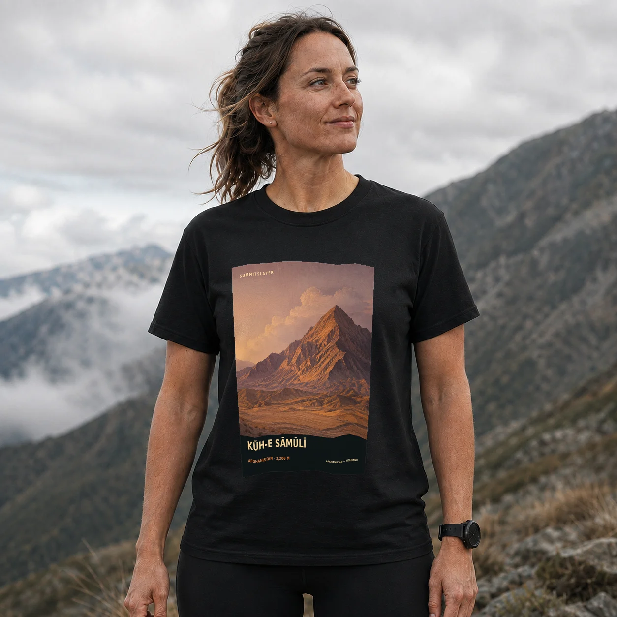 Black Kūh-e Sāmūlī T-shirt front with mountain artwork