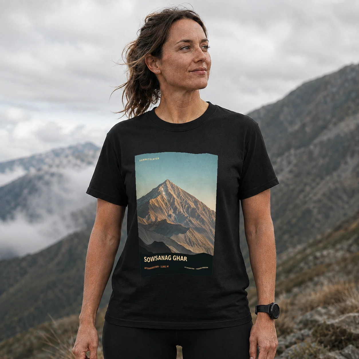 Black Sowsanag Ghar T-shirt front with mountain artwork