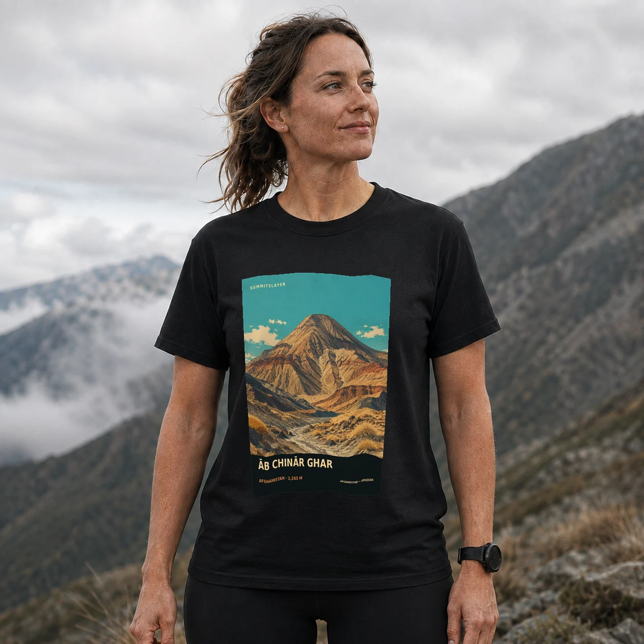 Black Āb Chinār Ghar T-shirt front with mountain artwork