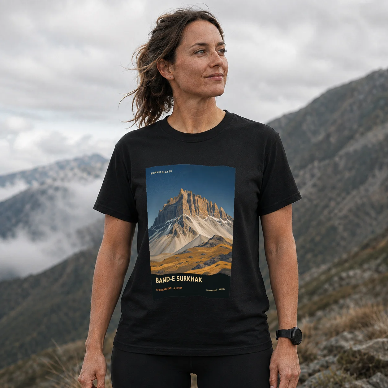 Black Band-e Surkhak T-shirt front with mountain artwork