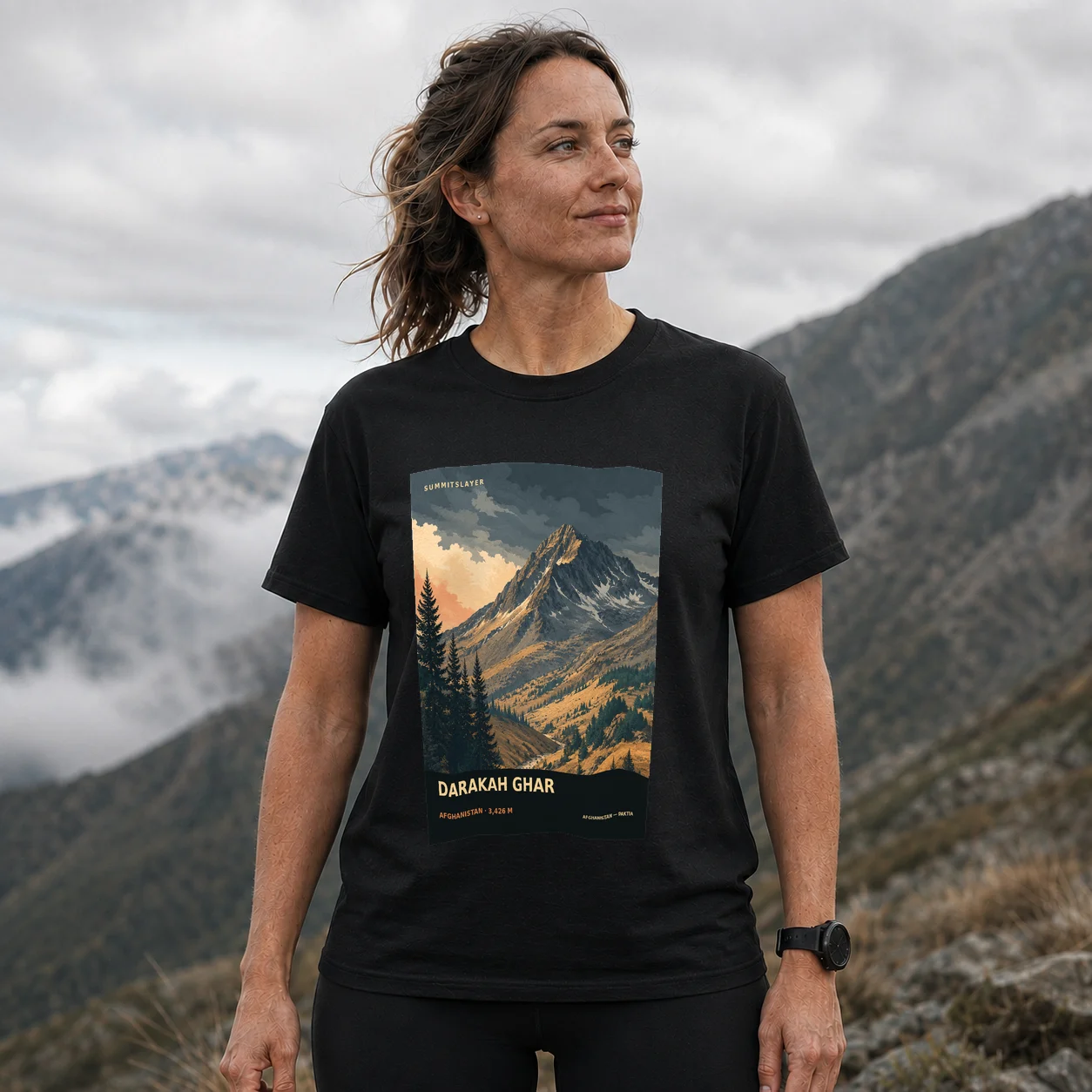 Black Darakah Ghar T-shirt front with mountain artwork
