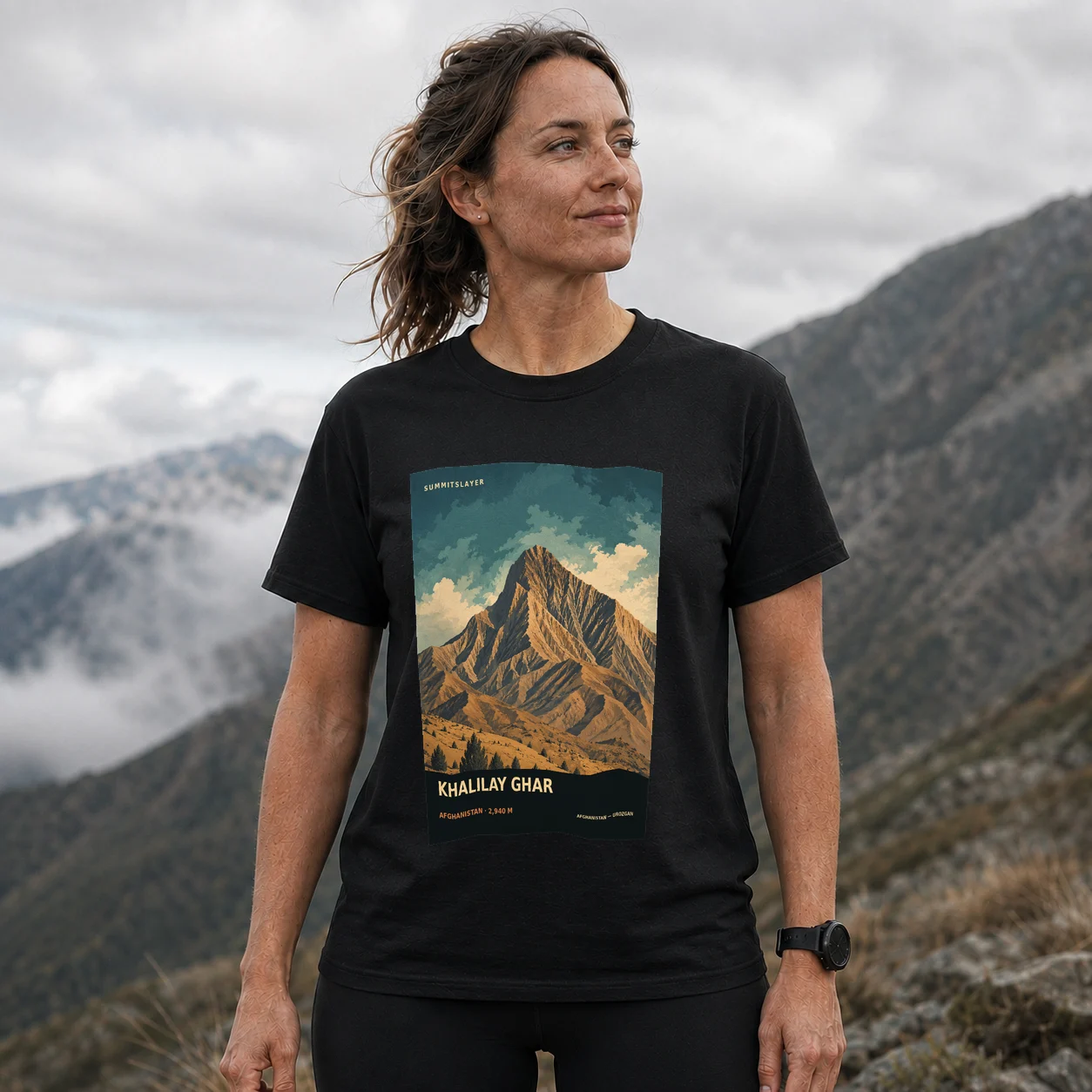 Black Khalilay Ghar T-shirt front with mountain artwork