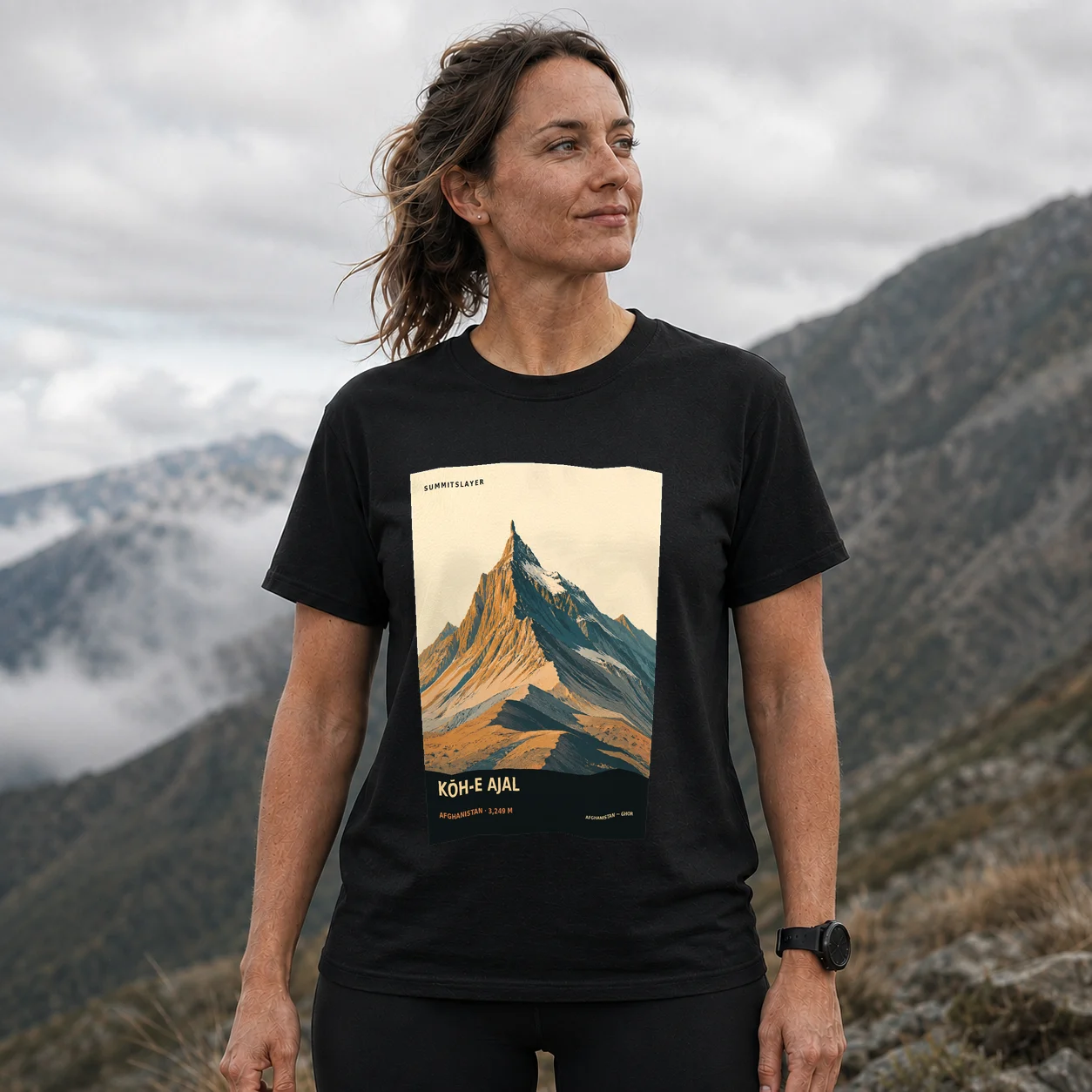 Black Kōh-e Ajal T-shirt front with mountain artwork