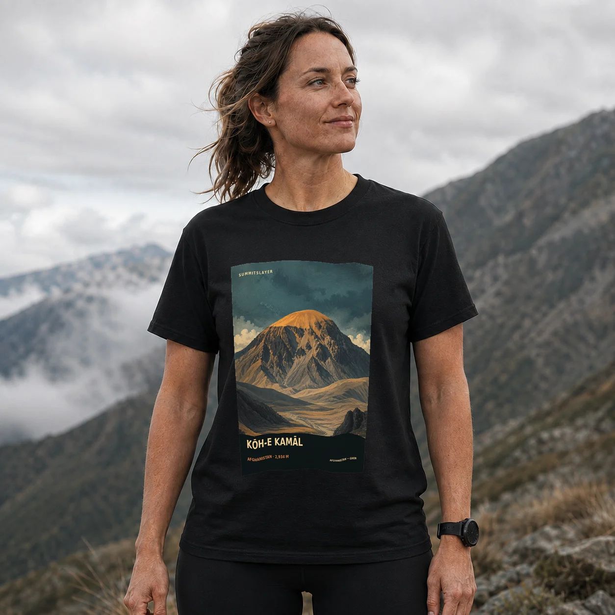 Black Kōh-e Kamāl T-shirt front with mountain artwork