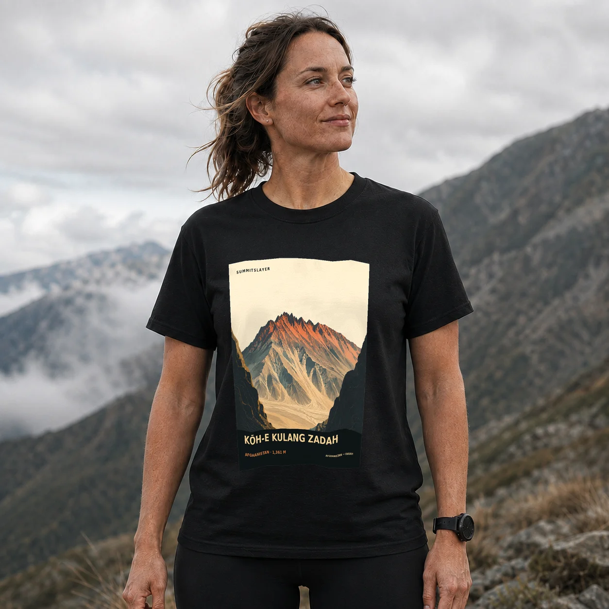 Black Kōh-e Kulang Zadah T-shirt front with mountain artwork