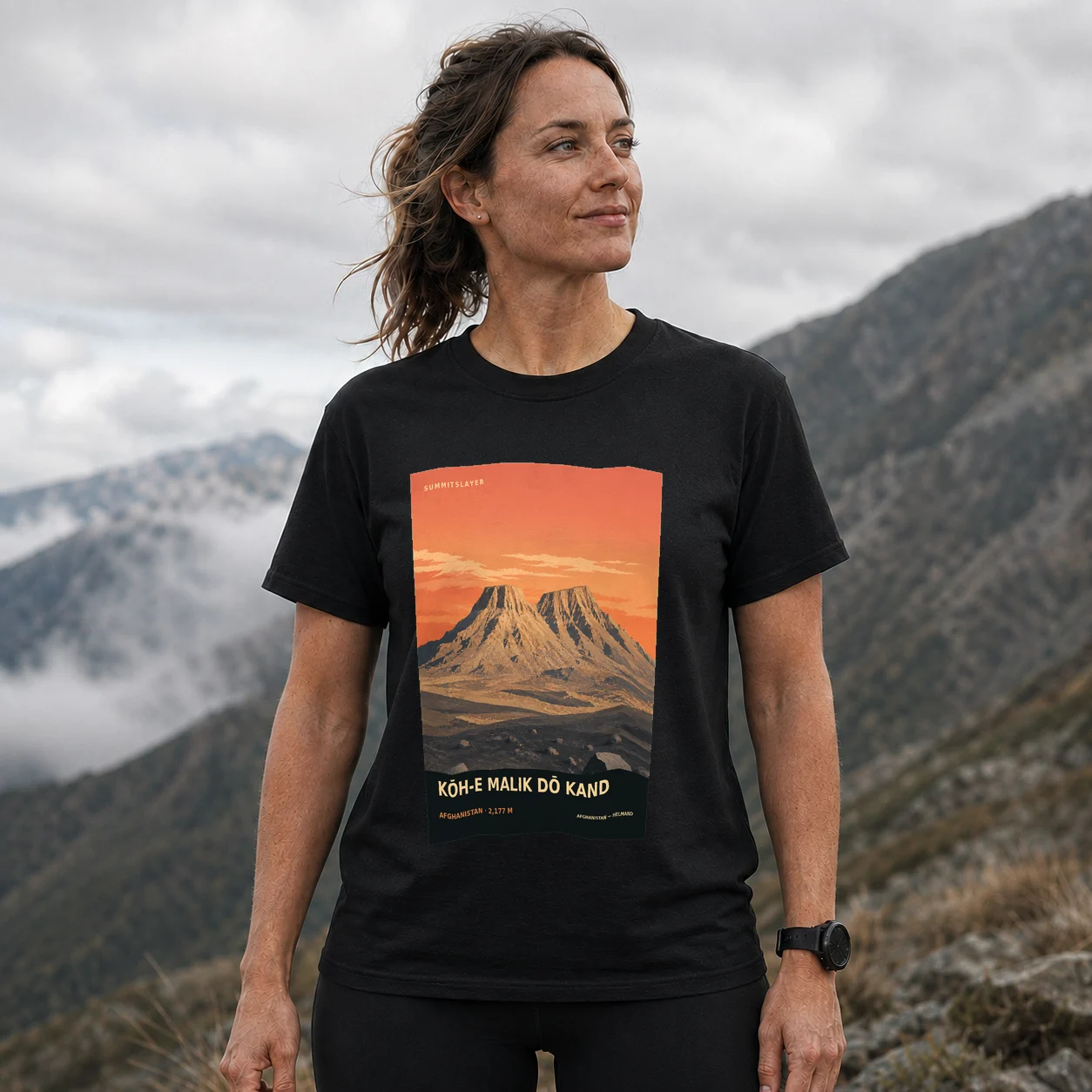 Black Kōh-e Malik Dō Kand T-shirt front with mountain artwork