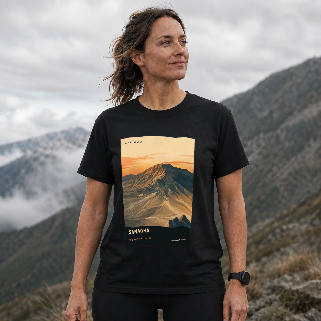 Black Sanāghā T-shirt front with mountain artwork