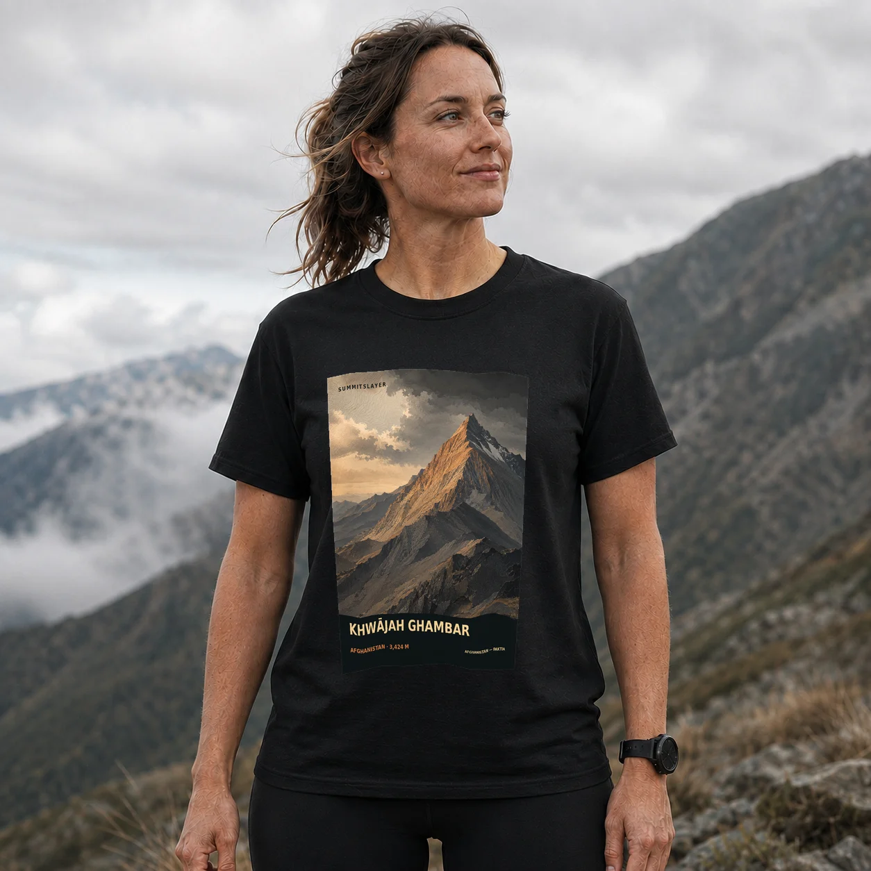 Black Khwājah Ghambar T-shirt front with mountain artwork