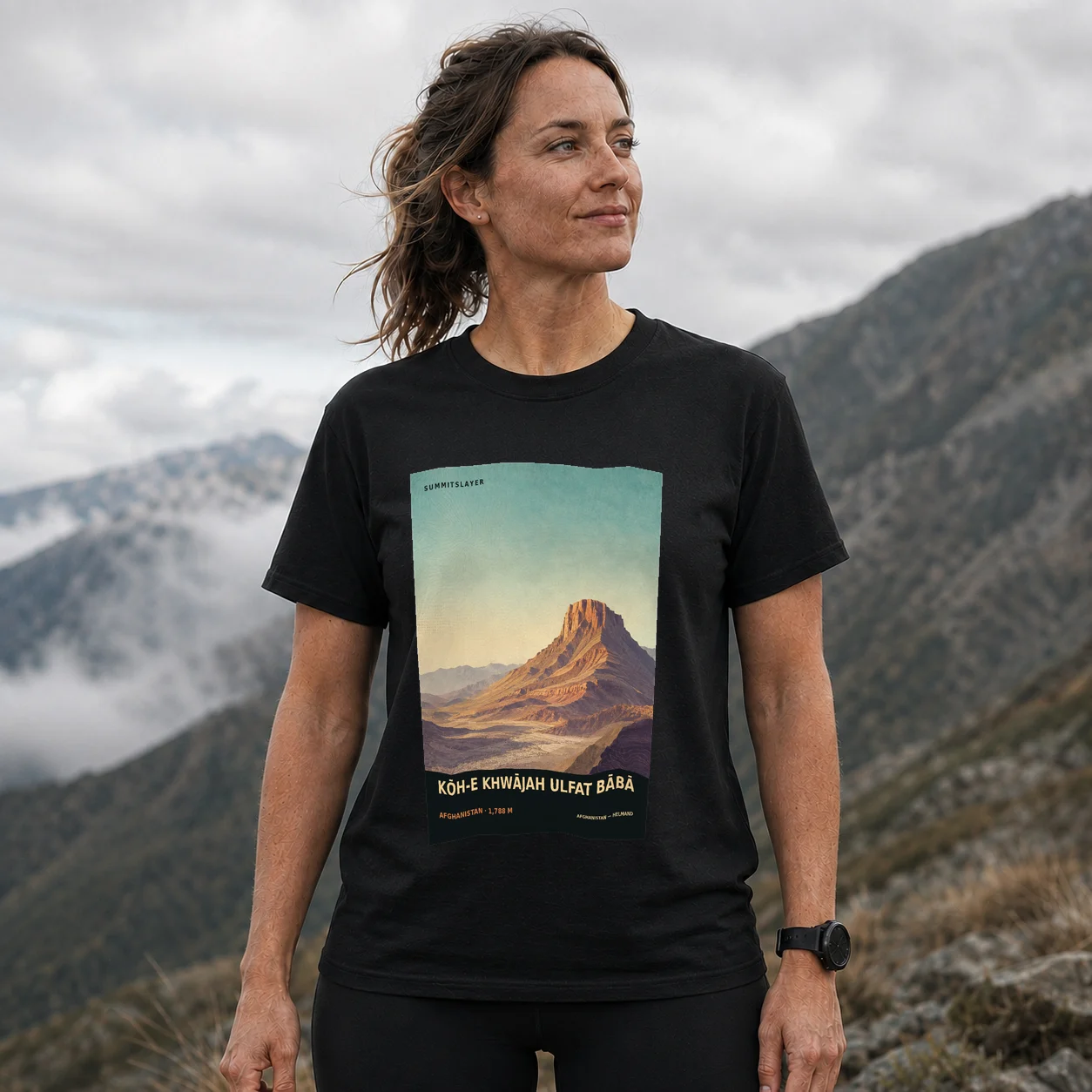Black Kōh-e Khwājah Ulfat Bābā T-shirt front with mountain artwork