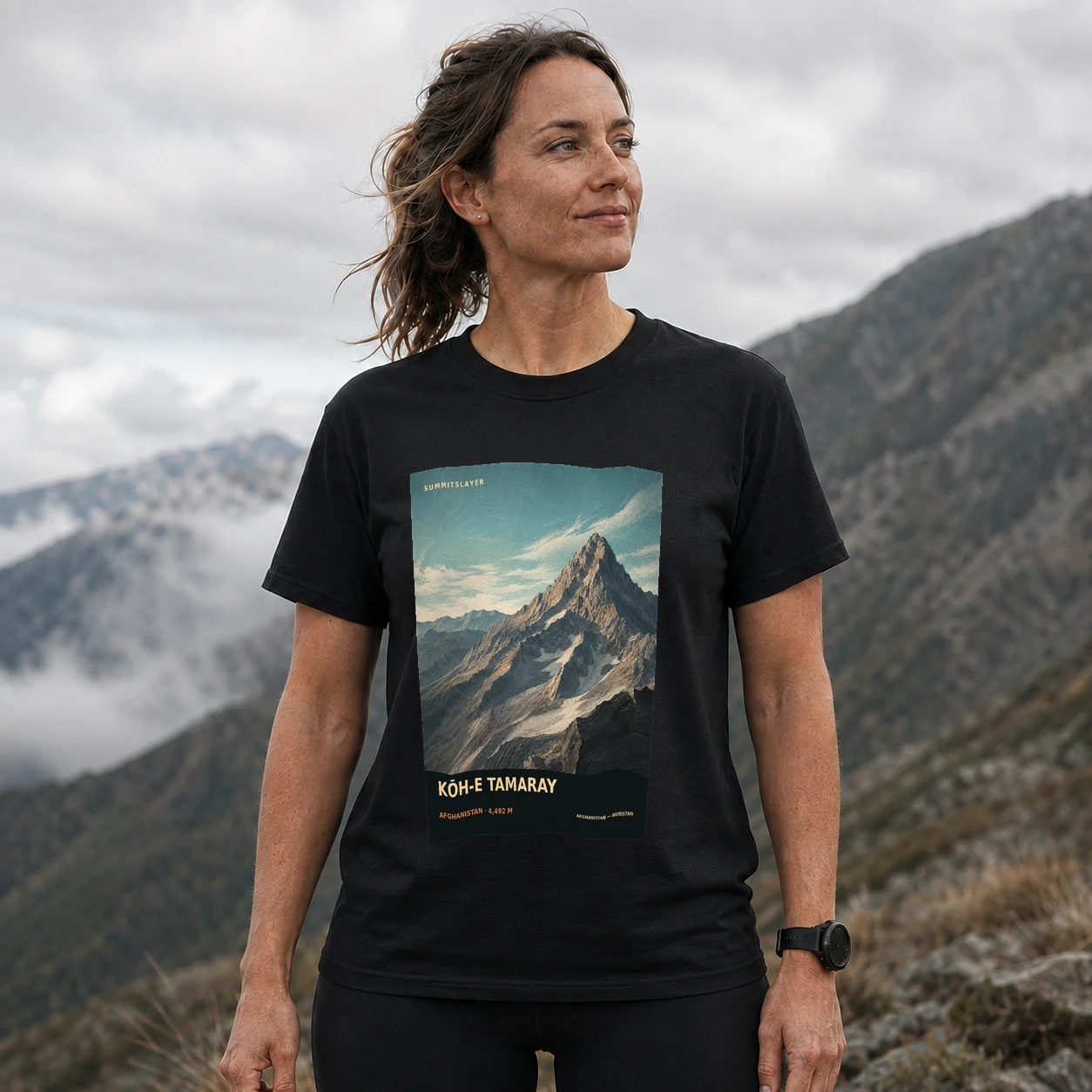 Black Kōh-e Tamaray T-shirt front with mountain artwork