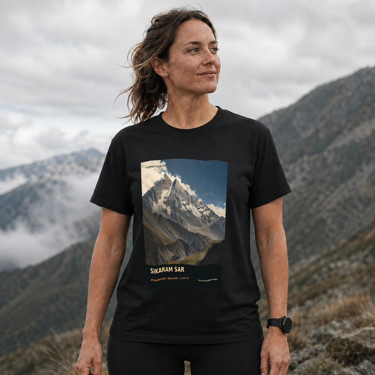 Black Sikaram T-shirt front with mountain artwork