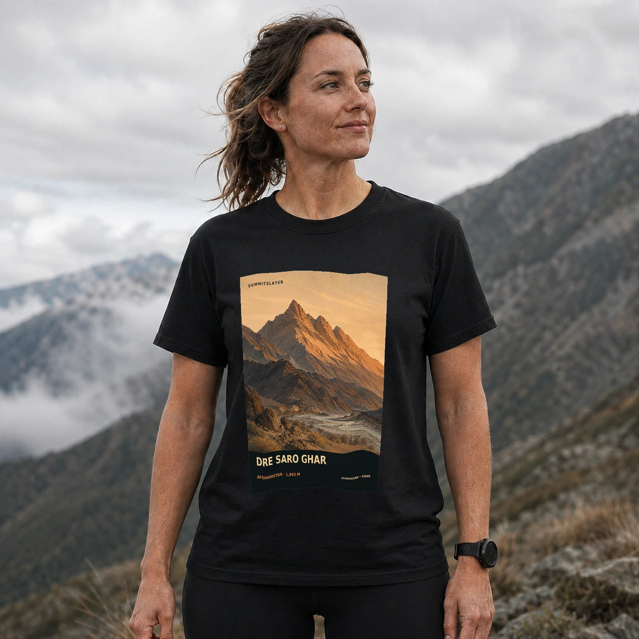 Black Drē Sarō Ghar T-shirt front with mountain artwork
