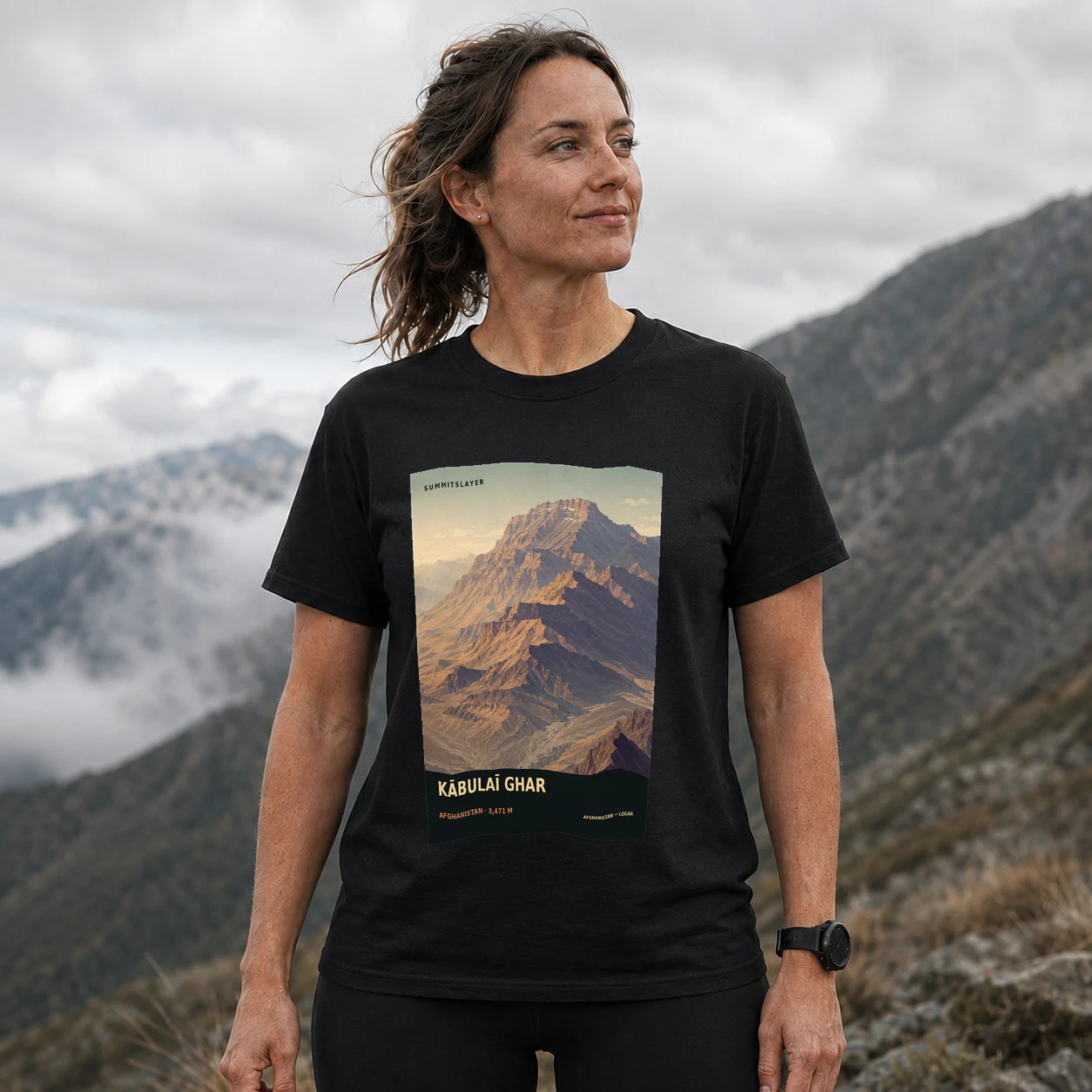 Black KĀBULAĪ GHAR T-shirt front with mountain artwork