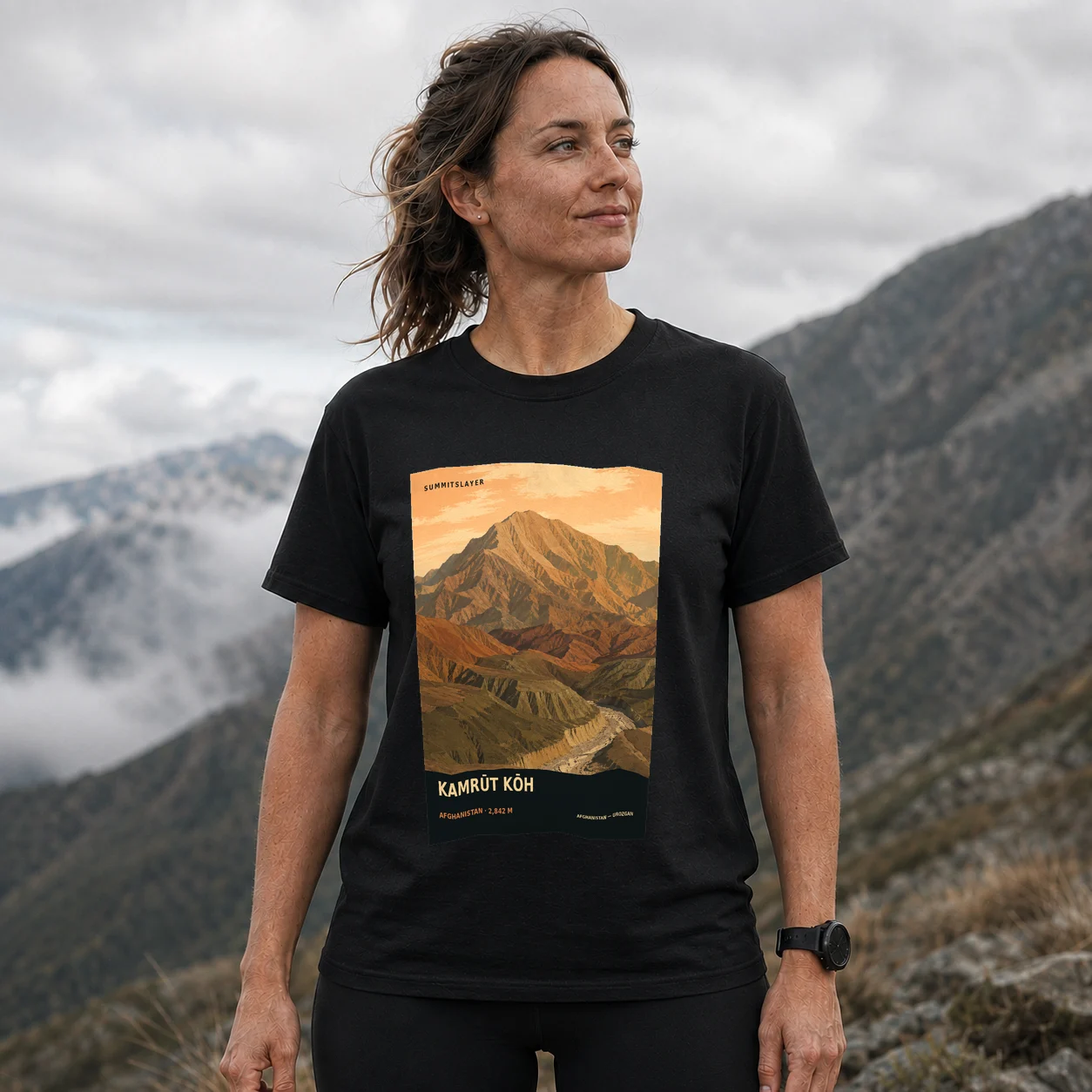 Black Kamrūt Kōh T-shirt front with mountain artwork