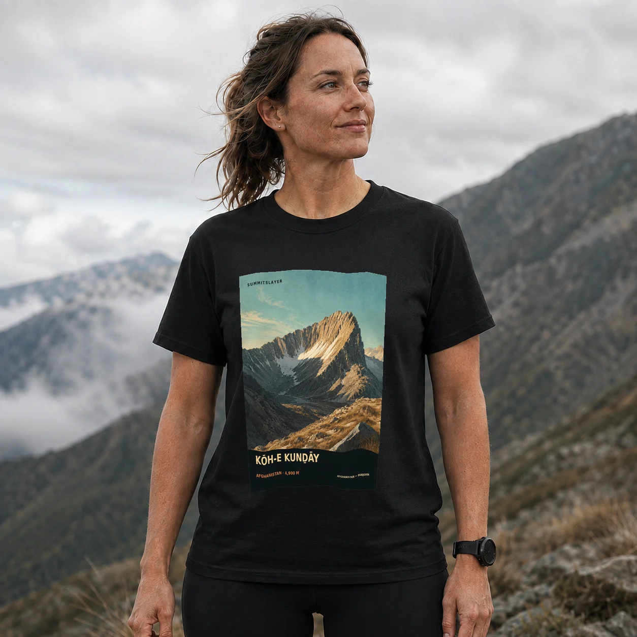 Black Kōh-e Kunḏāy T-shirt front with mountain artwork