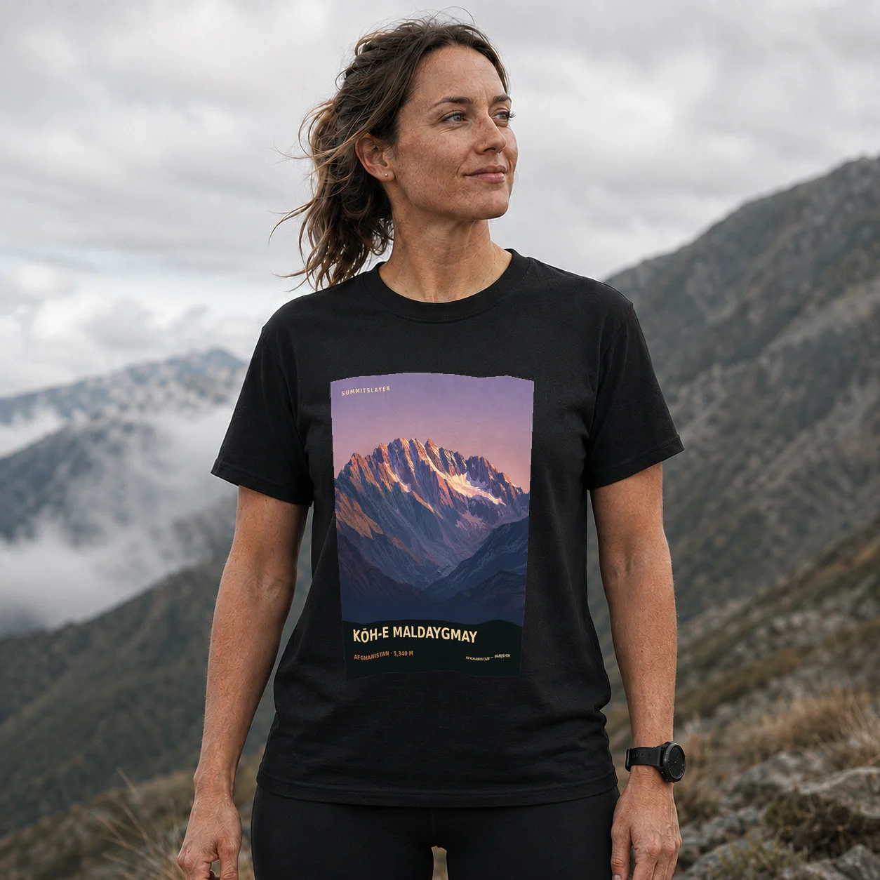 Black KŌH-E MALDAYGMAY T-shirt front with mountain artwork