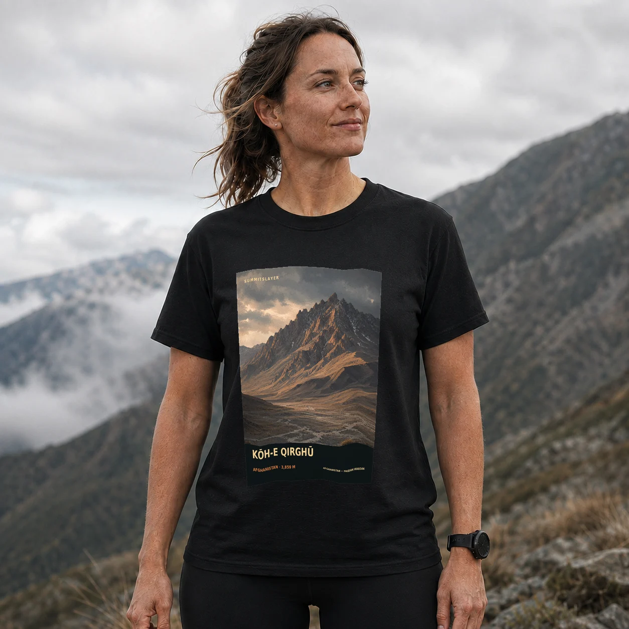 Black Kōh-e Qirghū T-shirt front with mountain artwork