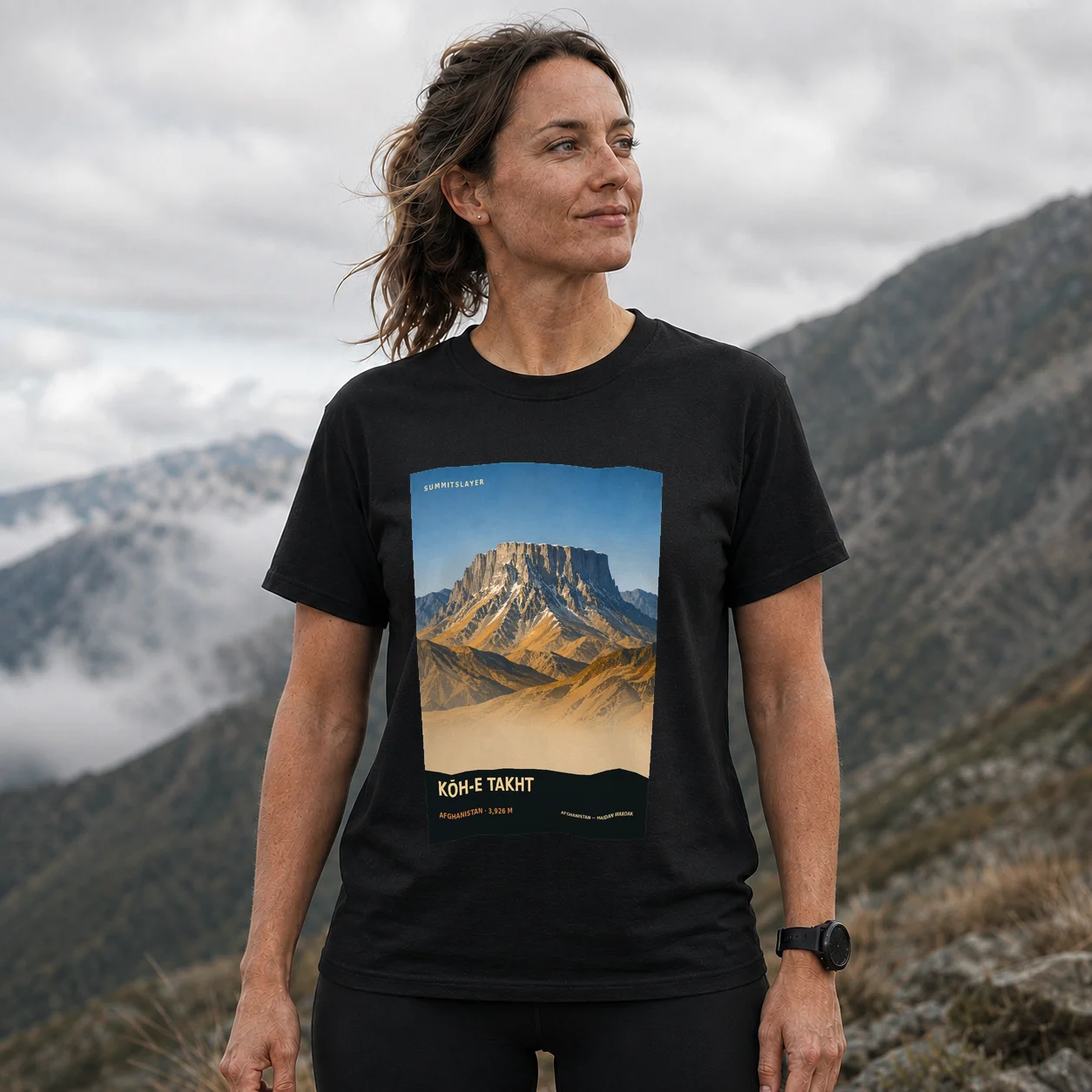 Black Kōh-e Takht T-shirt front with mountain artwork