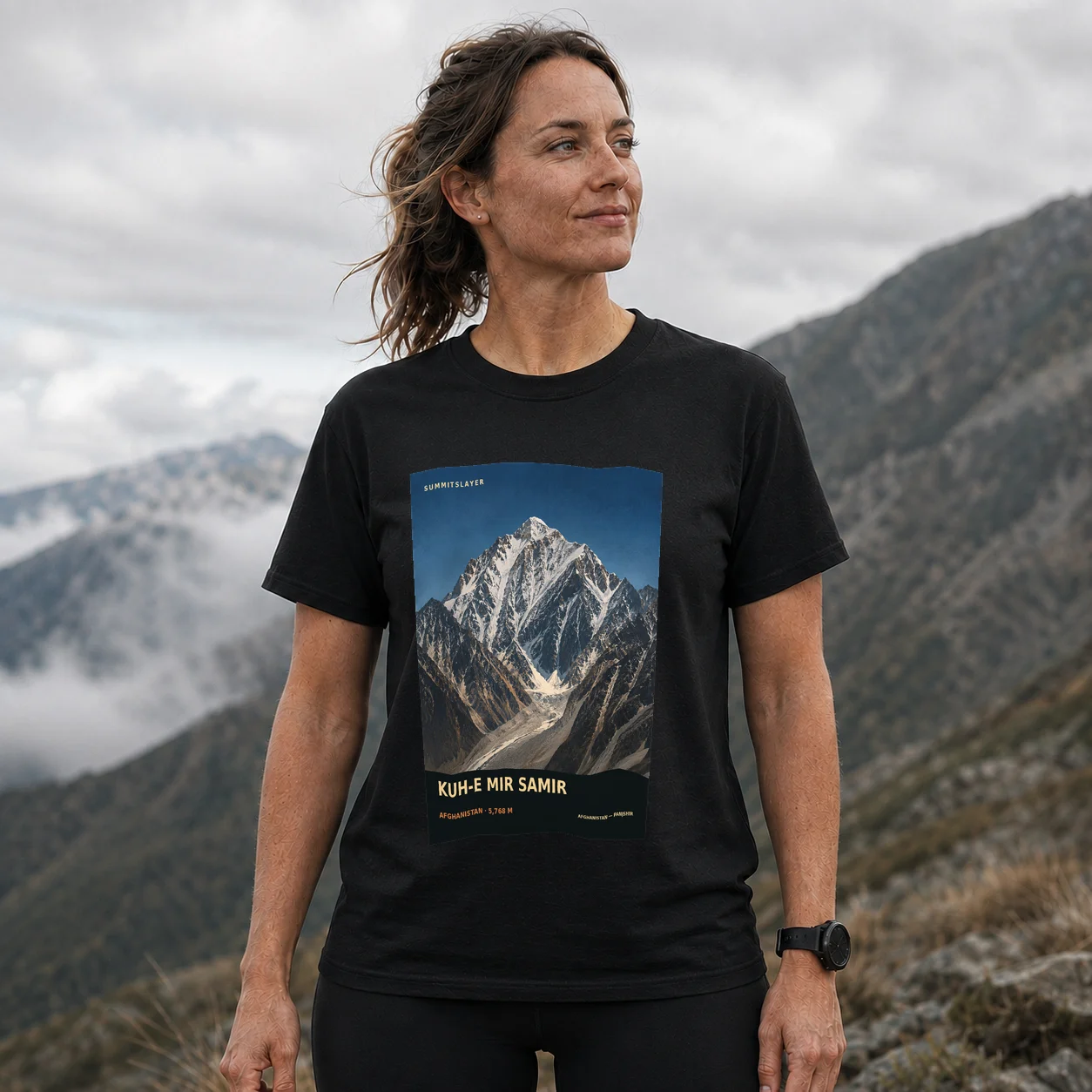 Black Mungashayr T-shirt front with mountain artwork