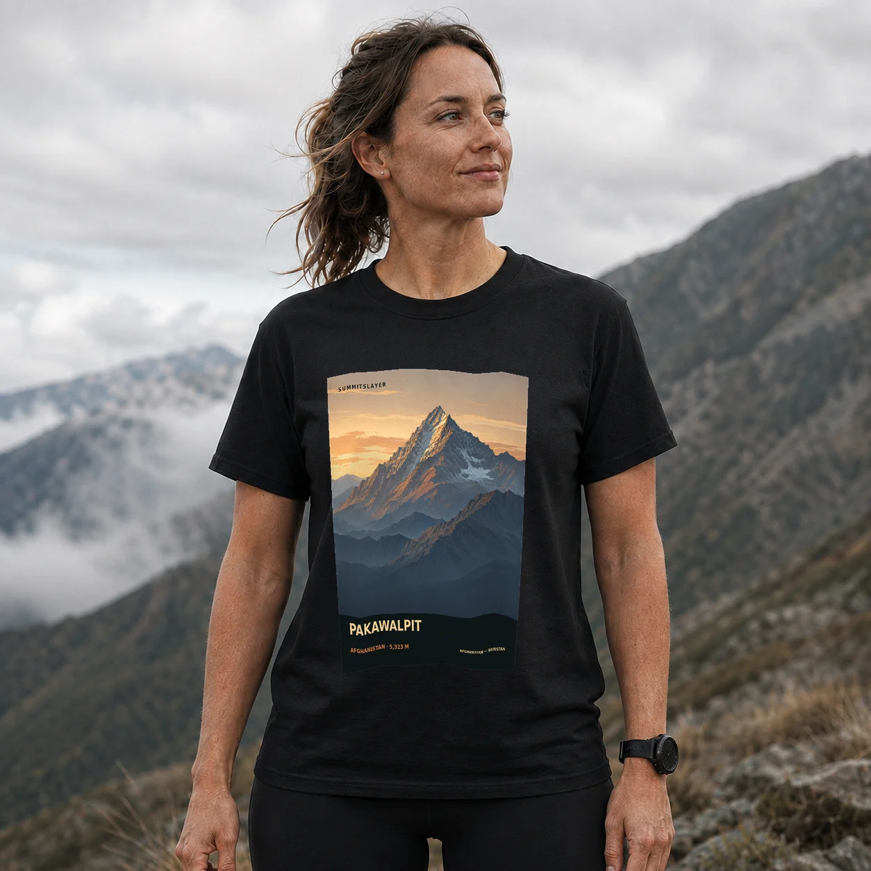 Black PAKAWALPIT T-shirt front with mountain artwork