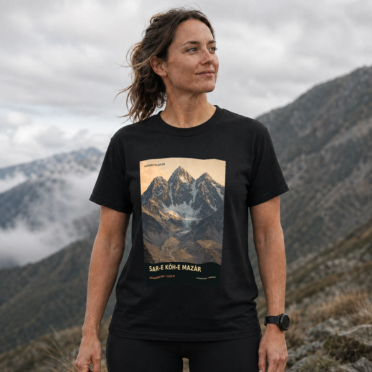 Black SAR-E KŌH-E MAZĀR T-shirt front with mountain artwork