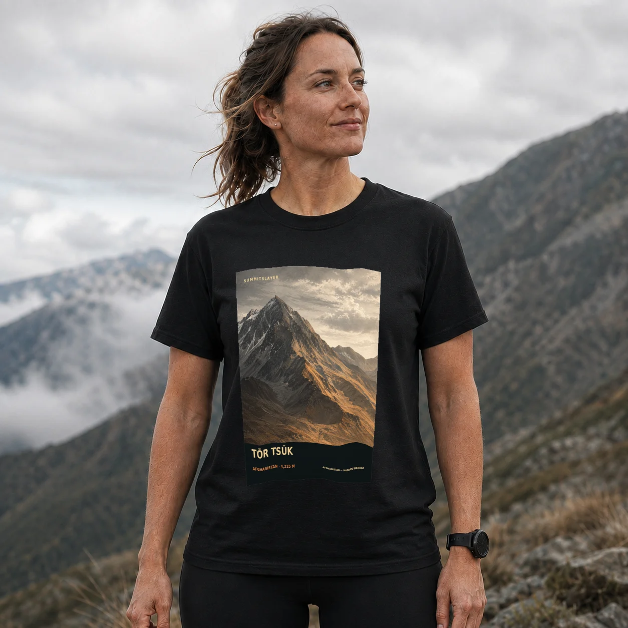 Black TŌR TSŪK T-shirt front with mountain artwork
