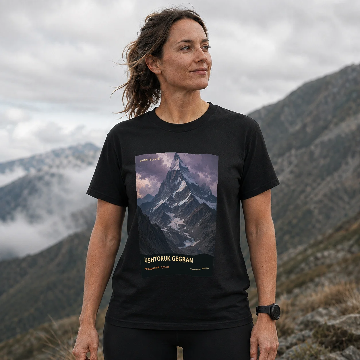 Black USHTORUK GEGṞAN T-shirt front with mountain artwork