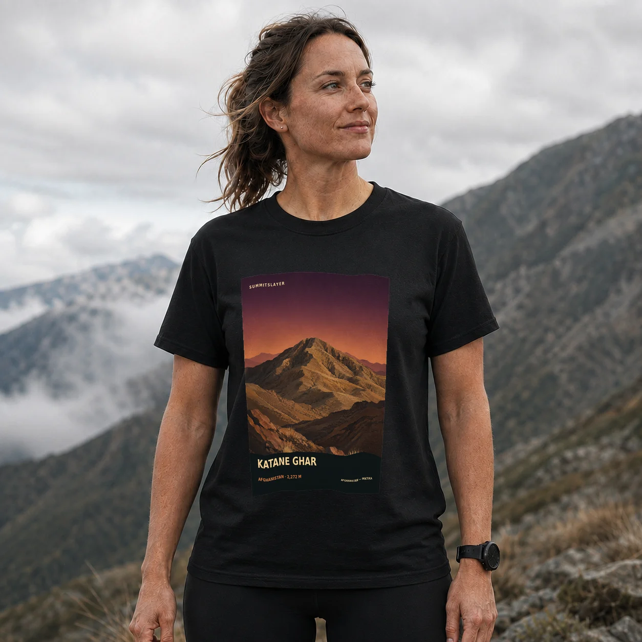 Black KATANE GHAR T-shirt front with mountain artwork