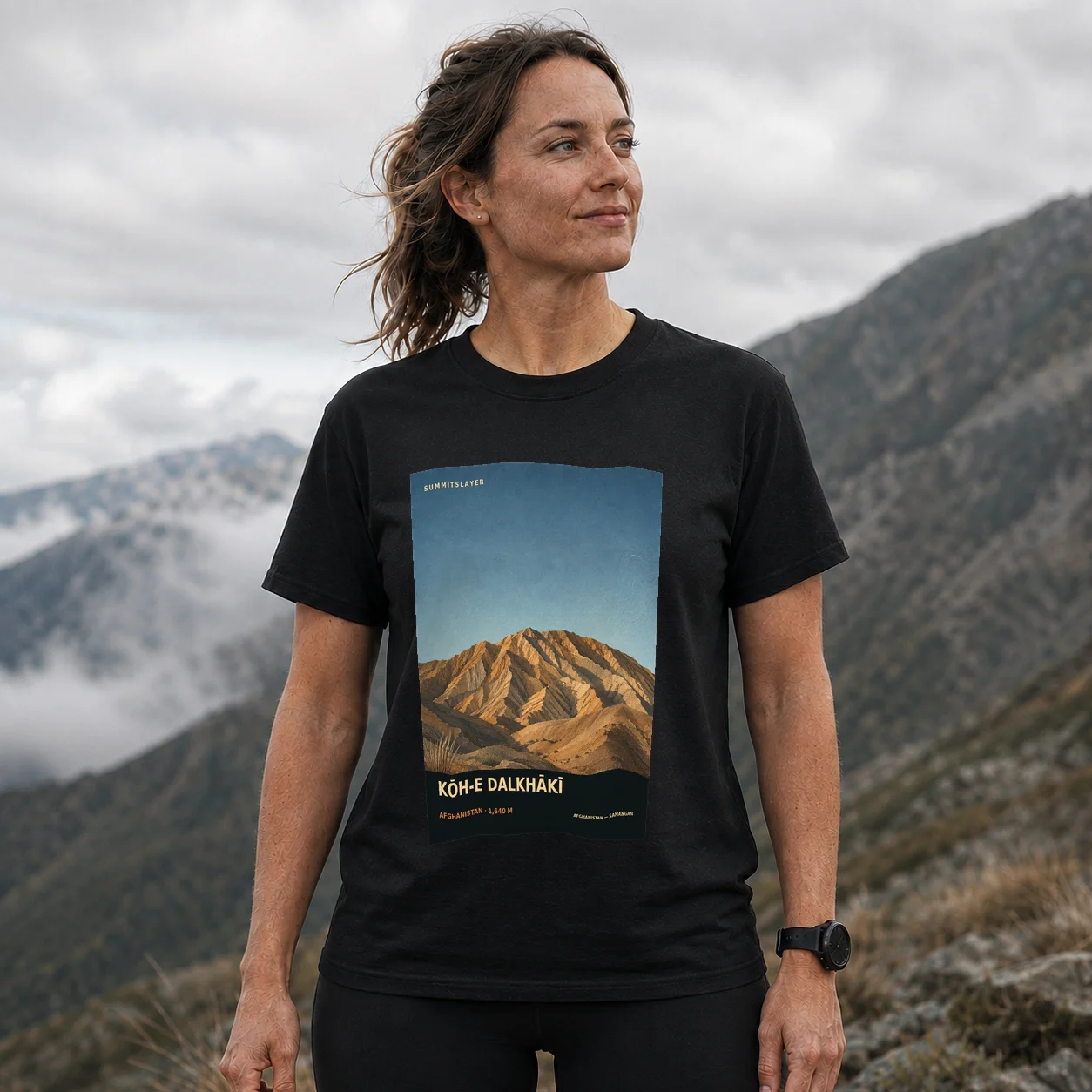 Black Kōh-e Dalkhākī T-shirt front with mountain artwork
