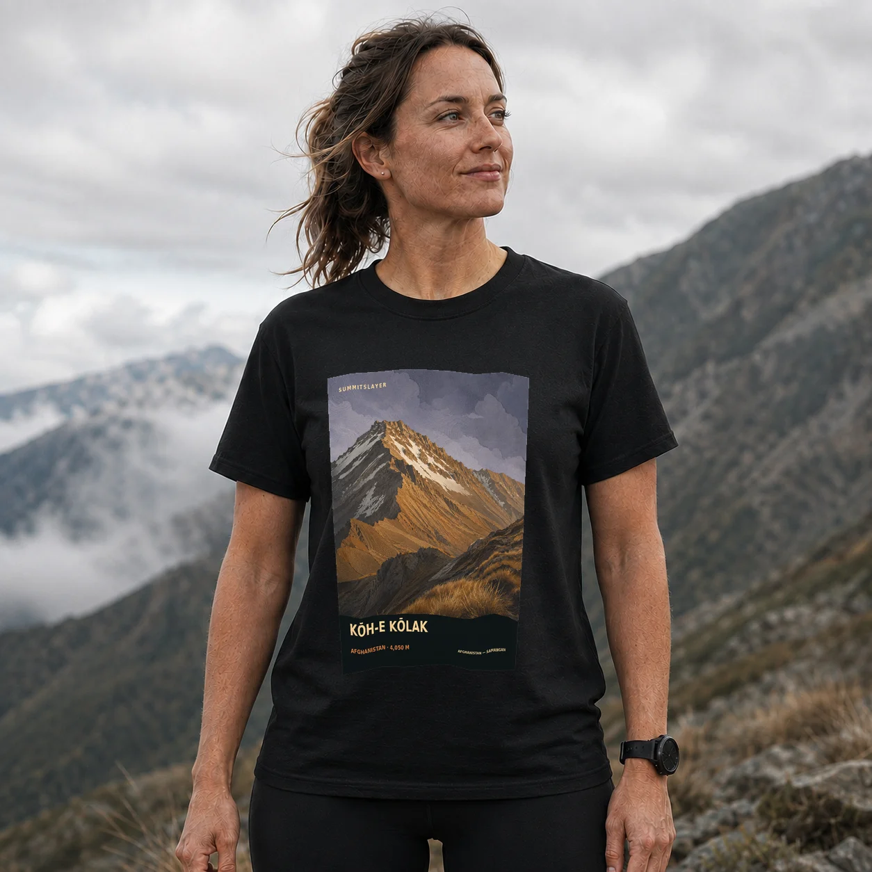 Black Kōh-e Kōlak T-shirt front with mountain artwork