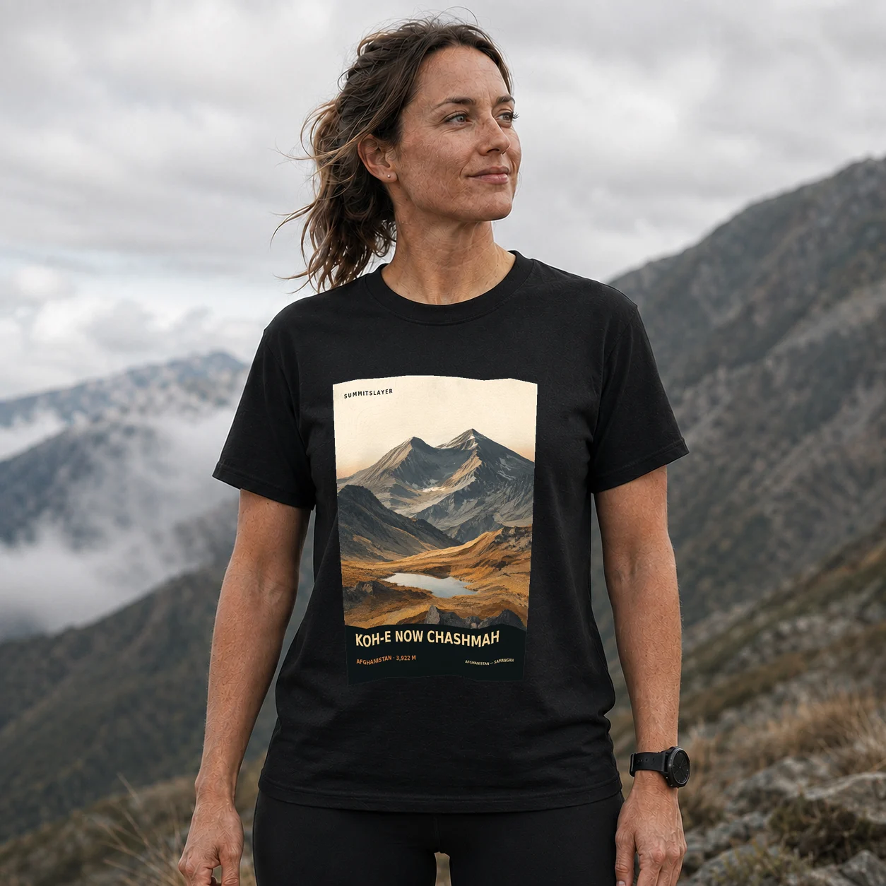 Black KOH-E NOW CHASHMAH T-shirt front with mountain artwork