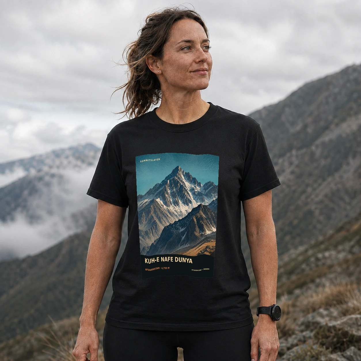 Black KUH-E NAFE DUNYA T-shirt front with mountain artwork