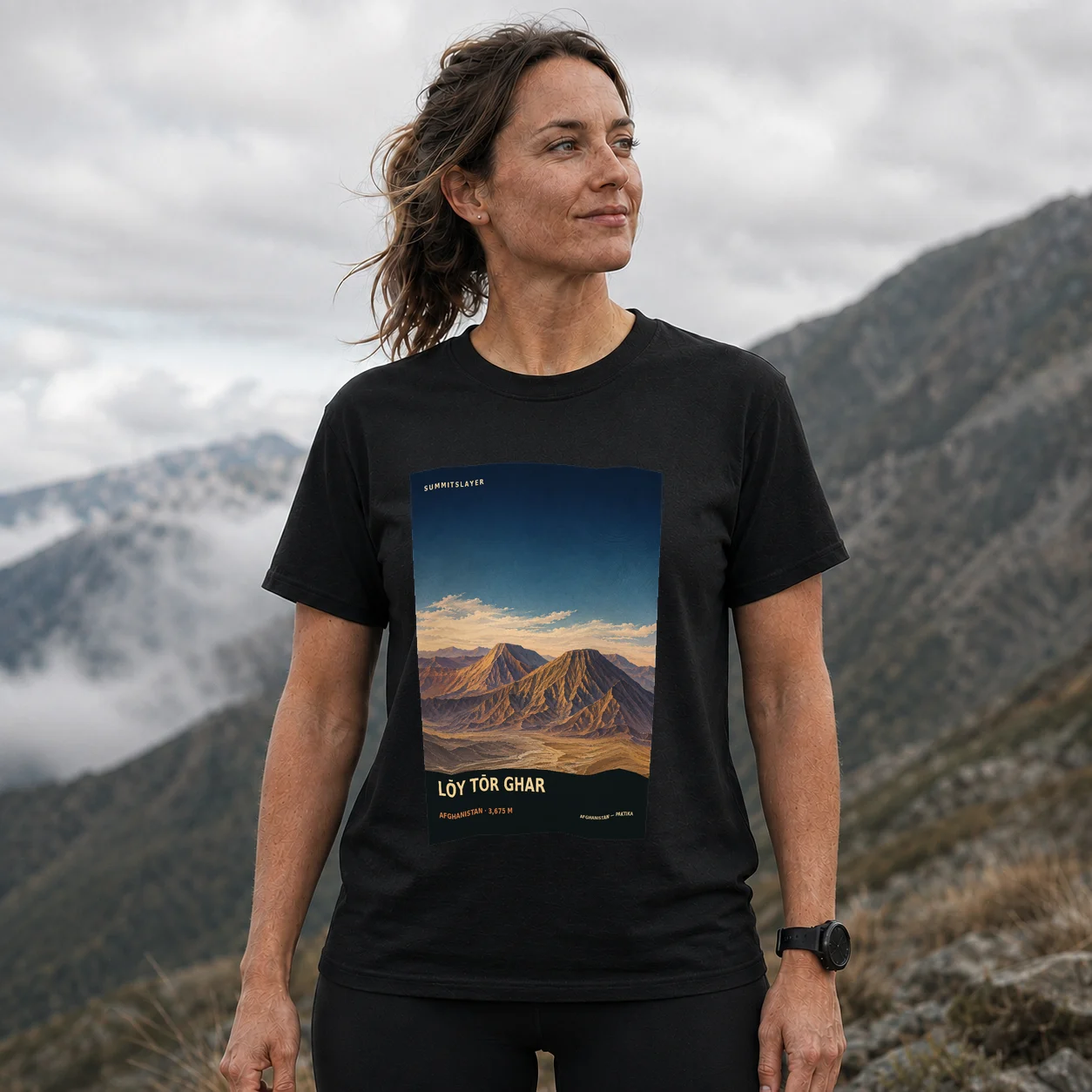 Black LŌY TŌR GHAR T-shirt front with mountain artwork