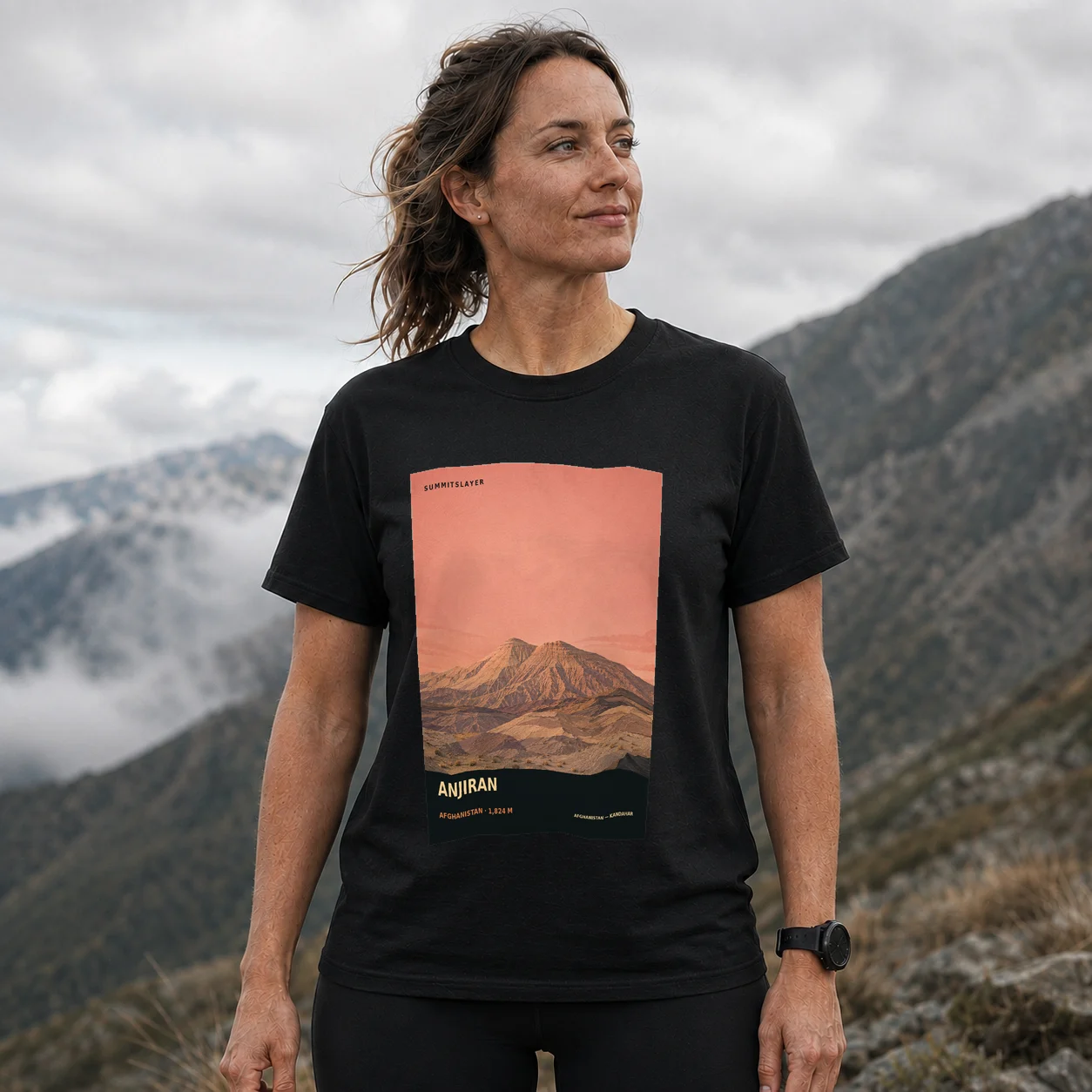 Black ANJIRAN T-shirt front with mountain artwork