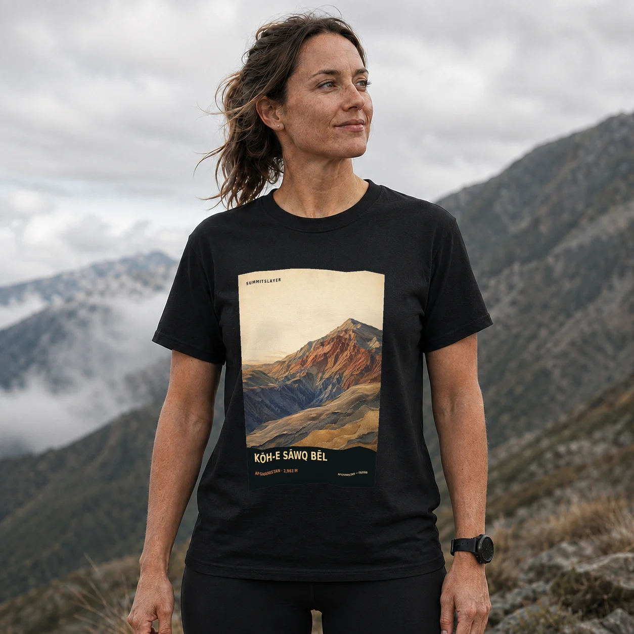 Black KŌH-E SĀWQ BĒL T-shirt front with mountain artwork