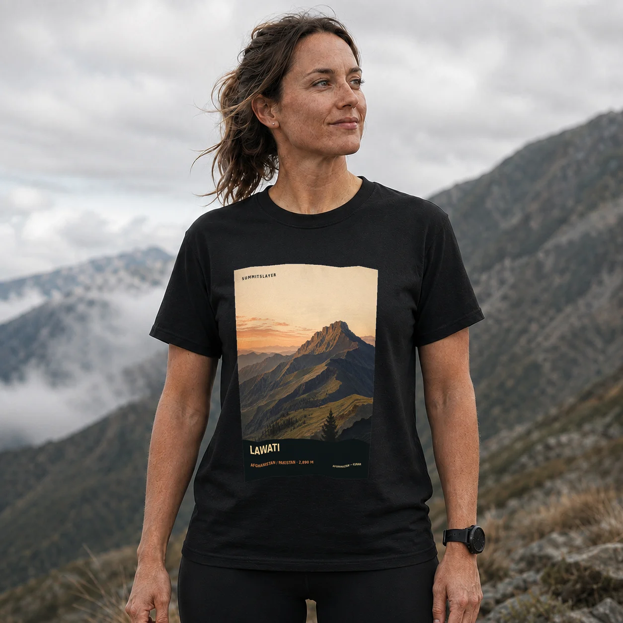 Black LAWATI T-shirt front with mountain artwork