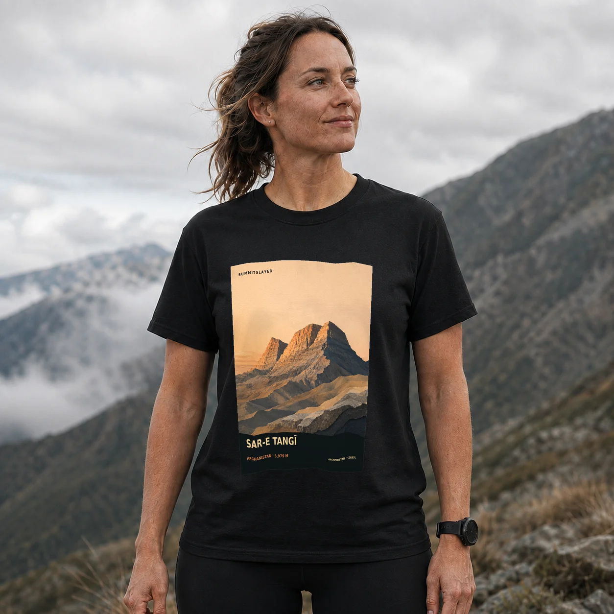 Black SAR-E TANGĪ T-shirt front with mountain artwork