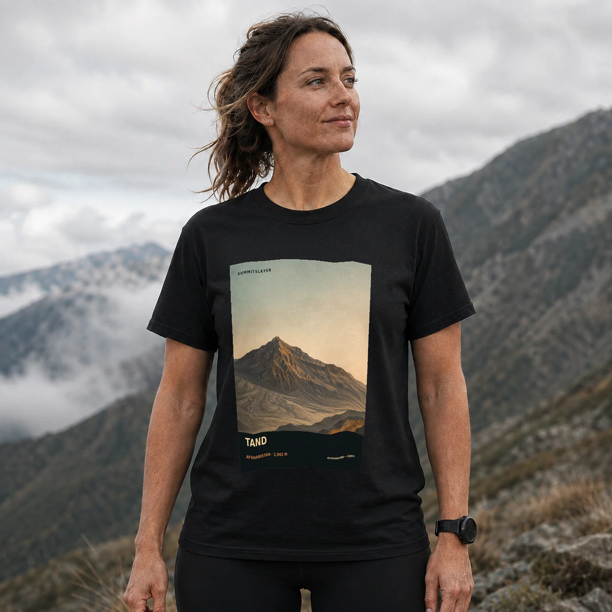 Black TAND T-shirt front with mountain artwork