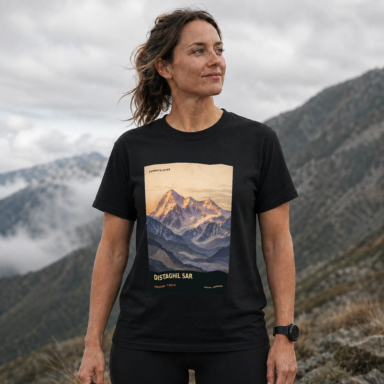 Black Disteghil Sar T-shirt front with mountain artwork