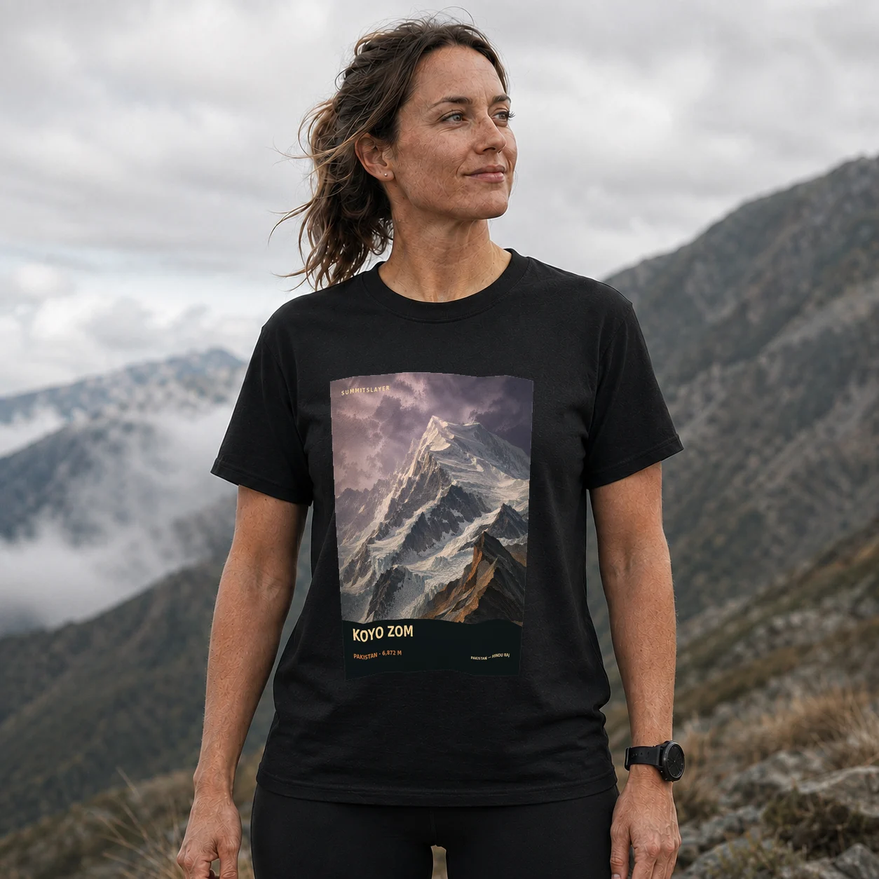 Black KOYO ZOM T-shirt front with mountain artwork