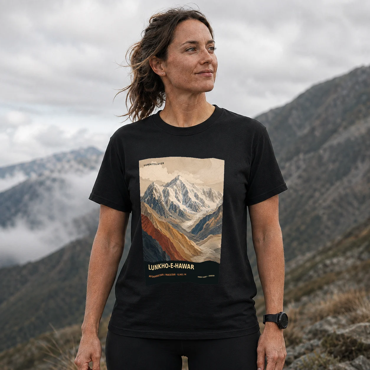 Black LUNKHO-E-HAWAR T-shirt front with mountain artwork
