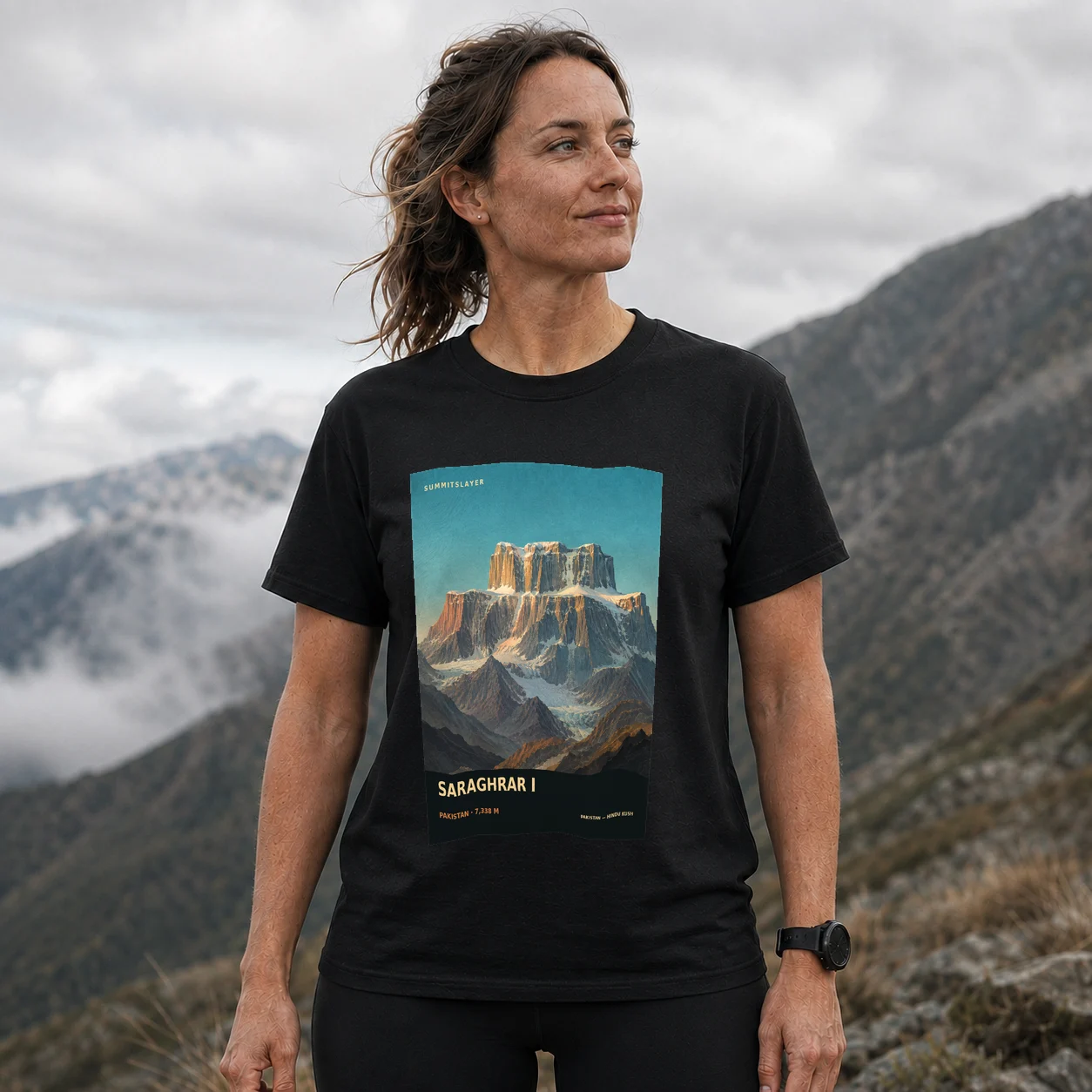 Black SARAGHRAR I T-shirt front with mountain artwork