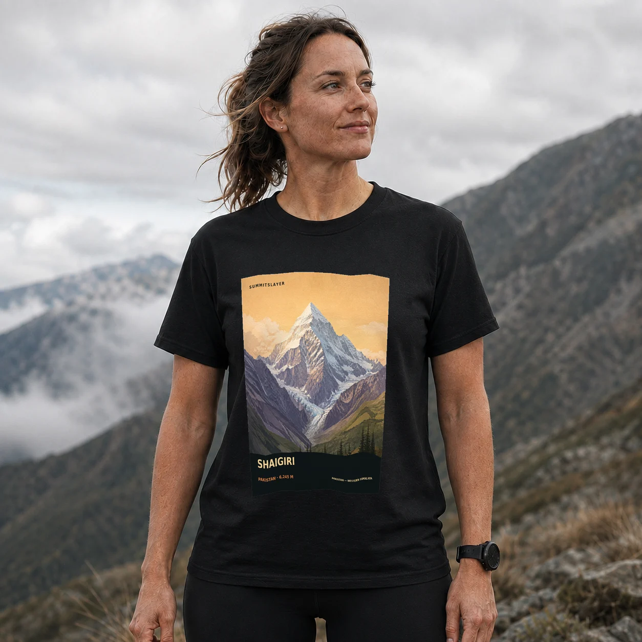 Black SHAIGIRI T-shirt front with mountain artwork