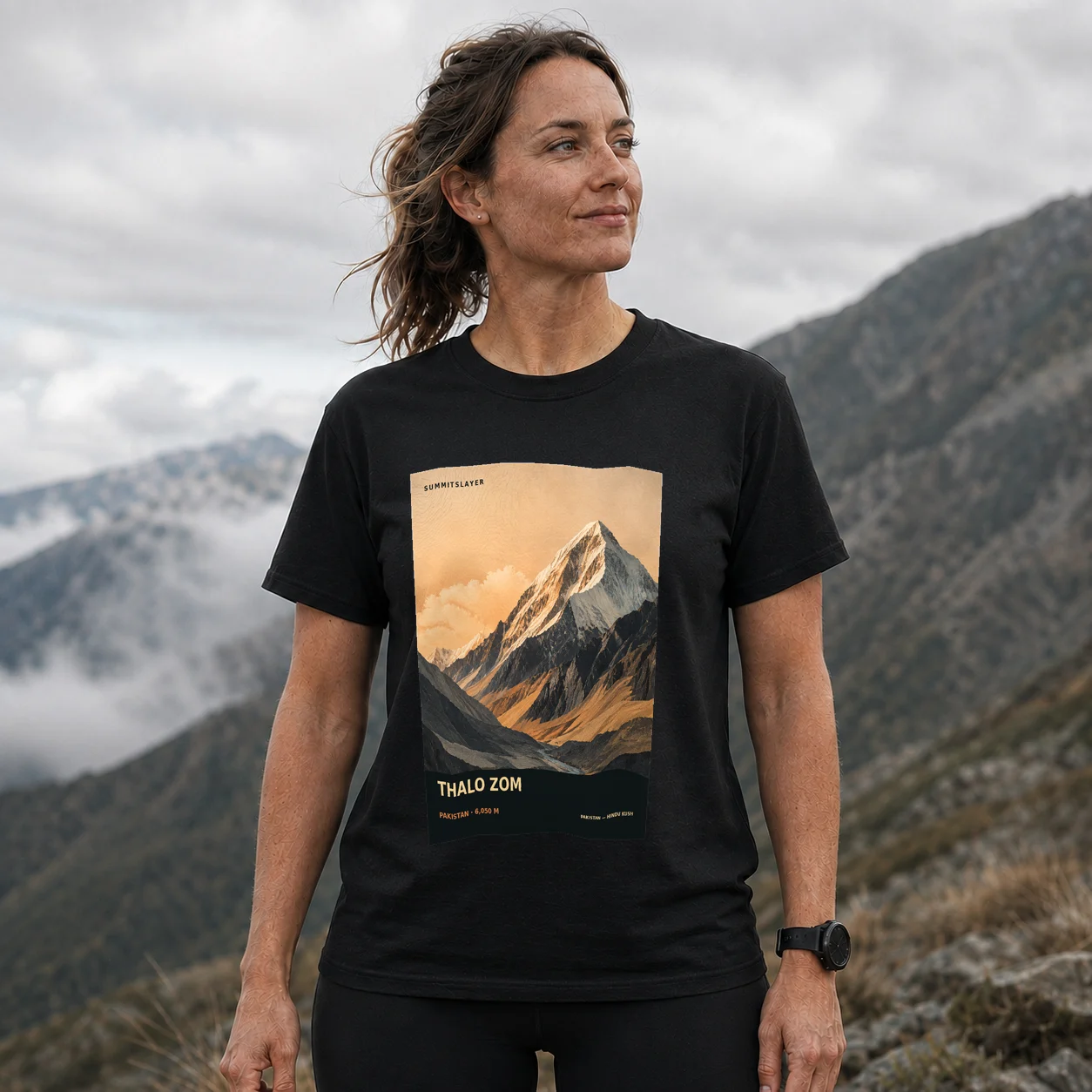 Black THALO ZOM T-shirt front with mountain artwork