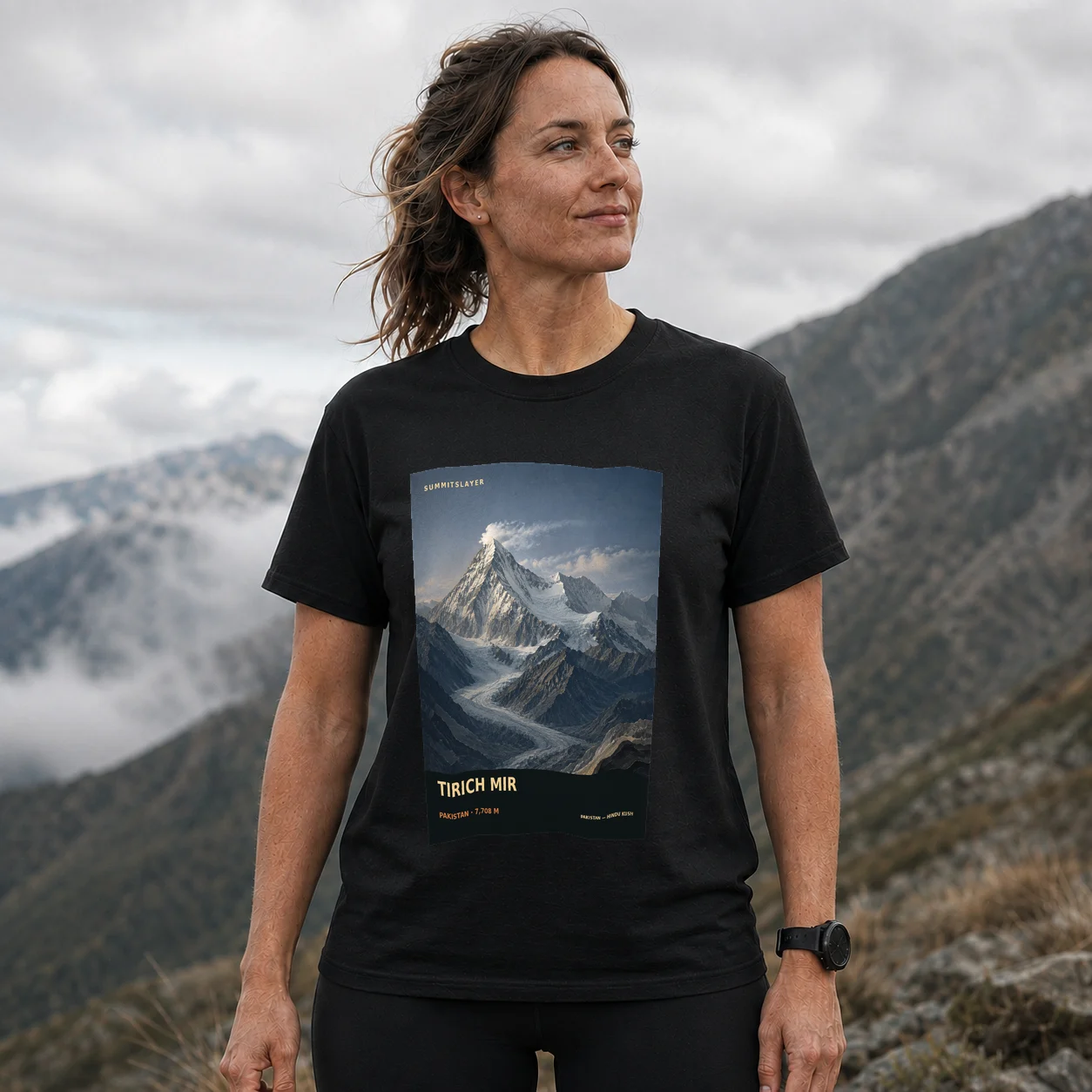 Black Tirich Mīr T-shirt front with mountain artwork