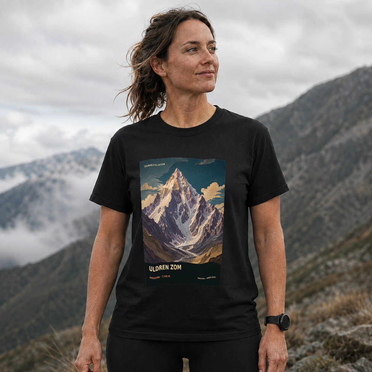 Black ULDREN ZOM T-shirt front with mountain artwork