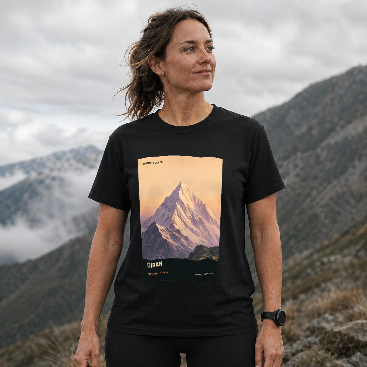 Black Diran Peak T-shirt front with mountain artwork